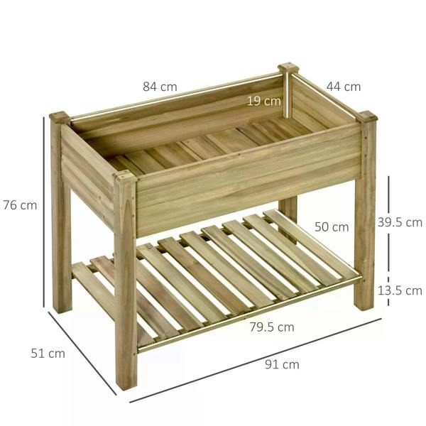 Wooden elevated raised garden bed with legs, slatted sides, and lower storage shelf