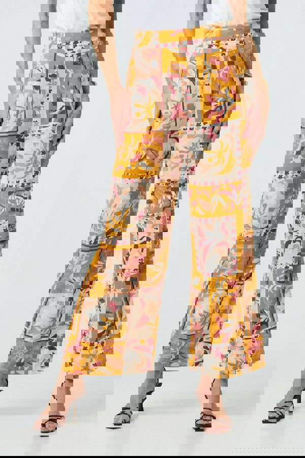 Orange | Patchwork Print High Waist Wide Leg Trousers
