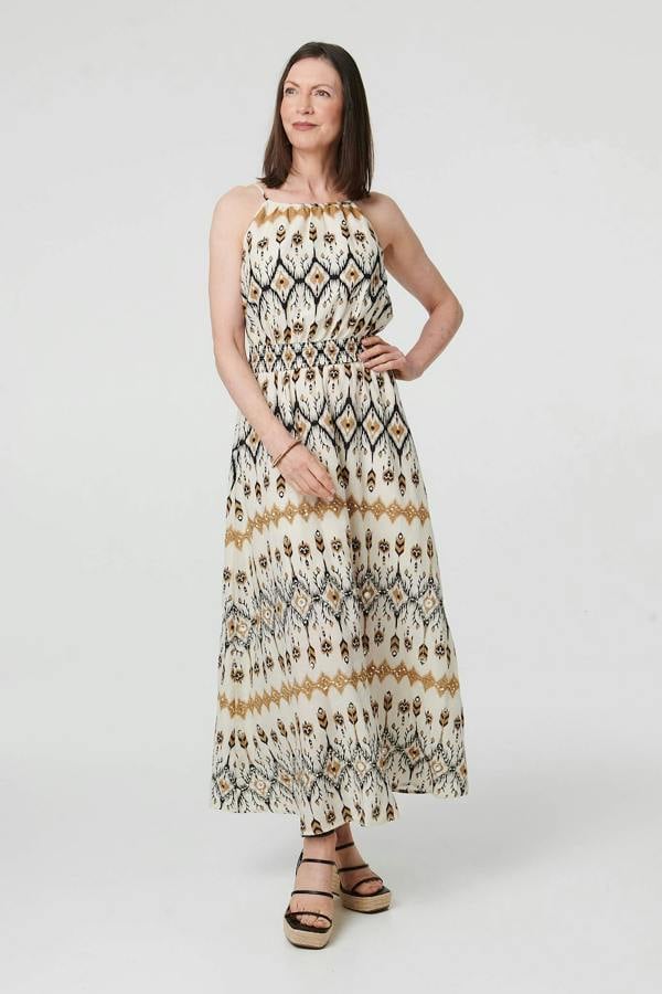 White | Printed Sleeveless Ruched Maxi Dress
