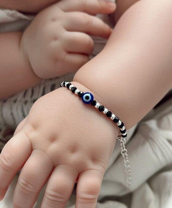 The Colourful Aura Baby/Kids Evil Eye Nazaria Black & Silver Bracelet/Anklet