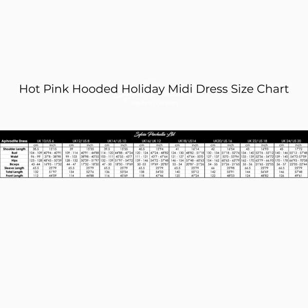 Hot Pink Hooded Holiday Midi Dress Size Chart