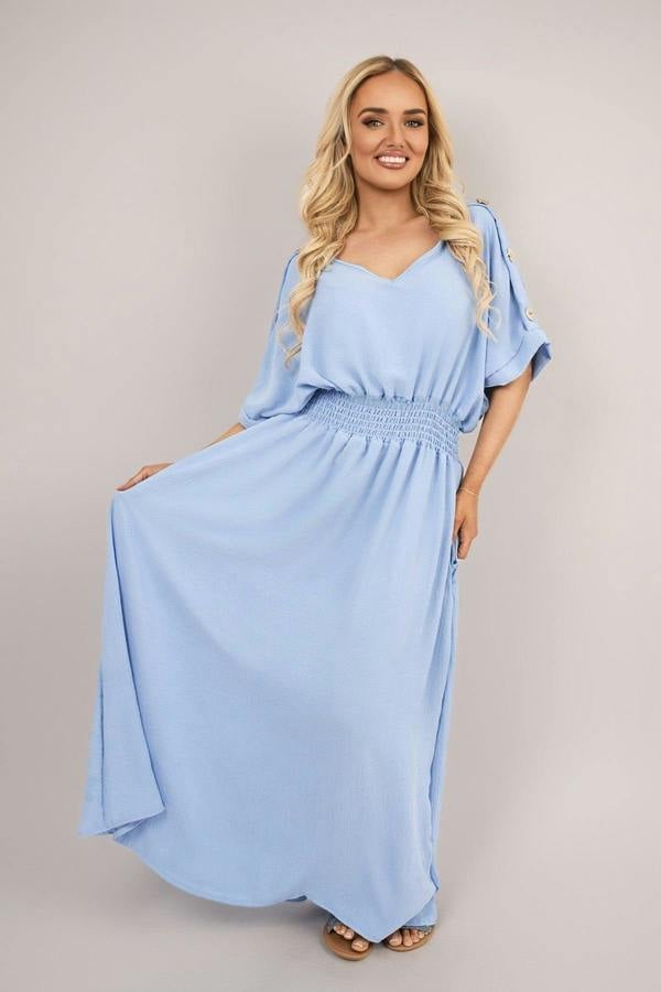 Zamara V Neck Short Sleeve Maxi Dress With Button Detail - Sky Blue