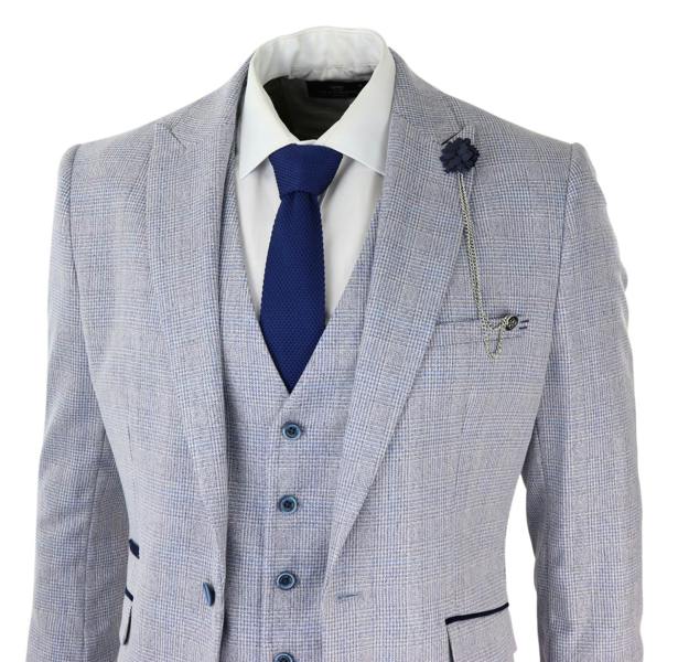 House of Cavani Mens 3 Piece Tweed Suit Light Blue Check Peaky Blinders 1920 Gatsby Wedding Suit