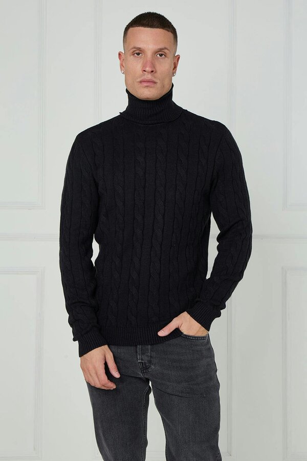 Men’s Cable Knit Turtleneck Jumper - Black