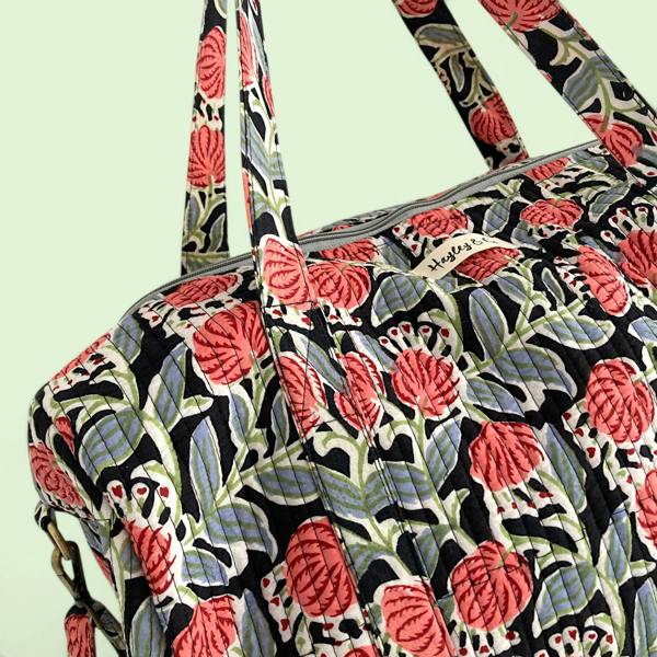 Hayley & Co Weekend Duffle Bag | Black and Red Block Print Floral with Long Strap