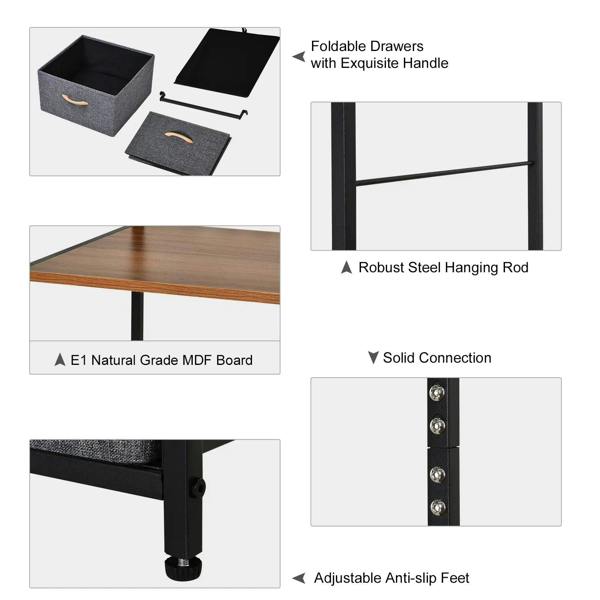 Details of coat rack chest: foldable grey drawer bins with orange handles and steel feet