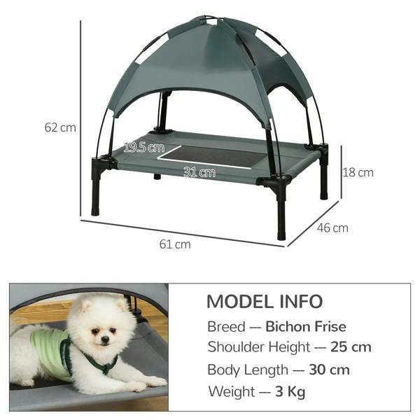 Grey raised pet cot with canopy and mesh sleeping surface, front view with legs