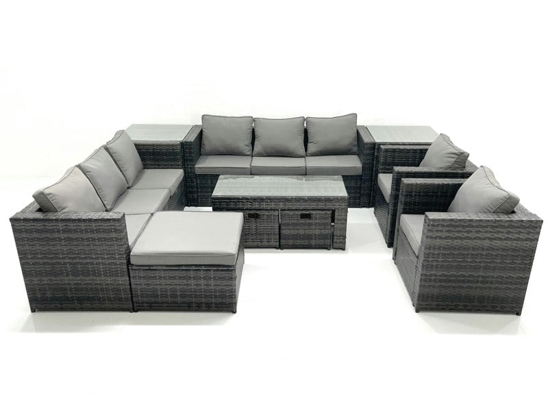 Fimous Rattan Garden Furniture Sofa Set with Coffee table Armchair 2 Side Tables 3 Footstools Dark Grey Mixed