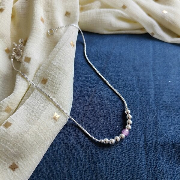 The Colourful Aura 925 Silver Pink Silver Round Ball Thin Payal Anklet