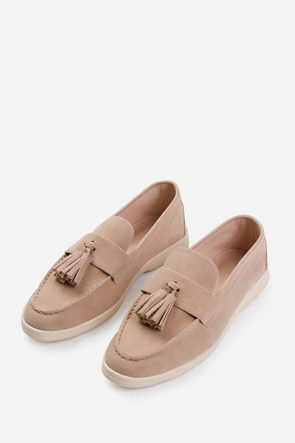 Where's That From Kenya Wide Fit Slip on Loafer With Tassel Detailing in Khaki Suede