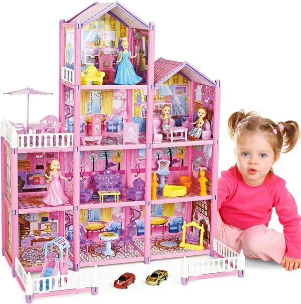 deAO Toys Princess My first Dolls House Kids Pink Grand Four Story Castle Dolls House Playset With Furniture