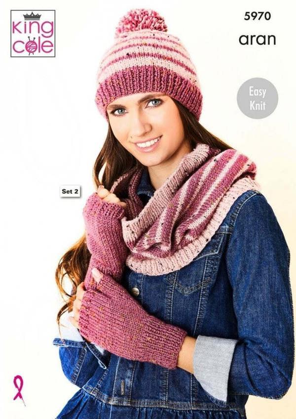 King Cole Fashion Aran Knitting Pattern 5970, Headwear, Scarves, Gloves for Women, One Size - Easy