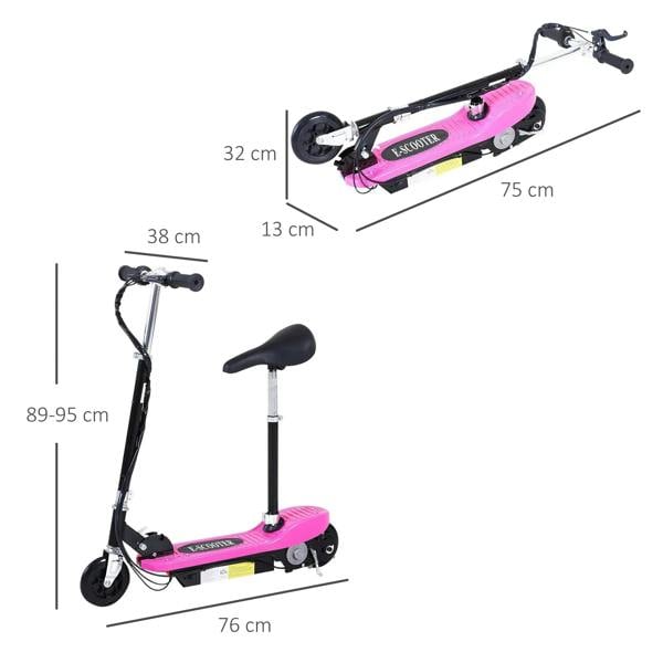Pink foldable electric kids scooter with labeled dimensions and side view