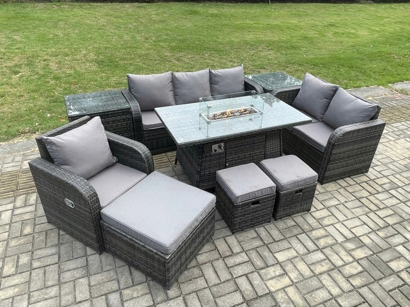 Fimous Garden Patio Furniture Wicker Rattan Gas Fire Pit Table and Sofa Chair set with 2 Side Tables 3 Footstool