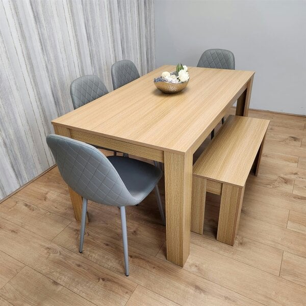 Kosy Koala Wooden Dining Table Set for 6 Oak Effect Table With 4 Grey Gem Patterned  Chairs and 1 Bench