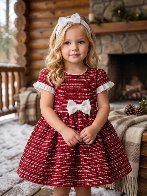 DRESS & Fleur Baby Girls Short Sleeved Tweed Dress in Red