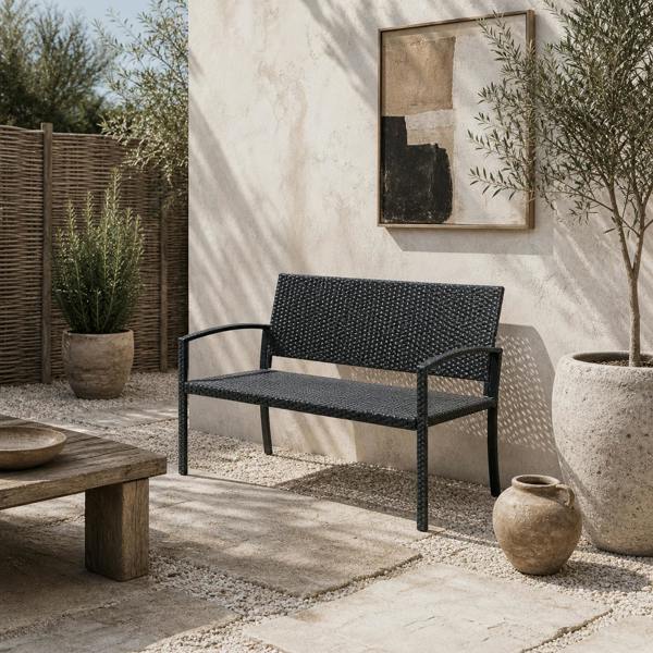 Wyld Haus Vasu Rattan Black 2 Seater Outdoor Garden Bench With Armrests And Reinforced Backrest