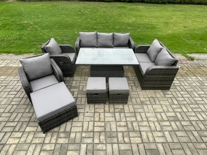 Fimous Dark Grey Mixed PE Rattan Outdoor Dining Set - Height Adjustable Lifting Table, Reclining Chair & 3 Footstools