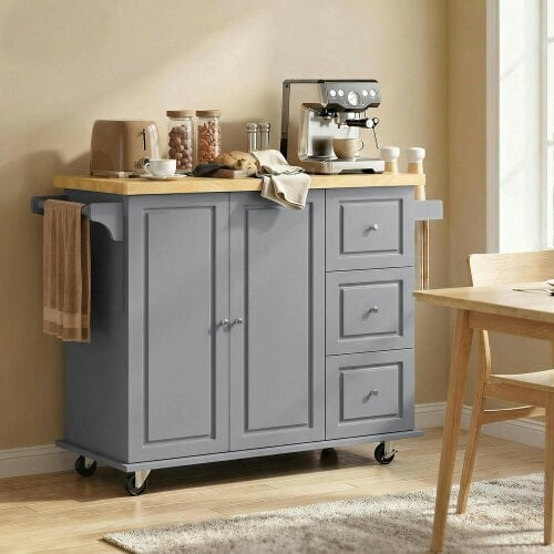 Wyld Haus Norado Grey and Natural Wooden Rolling Kitchen Island With Drop Leaf Drawer Towel And Spice Racks