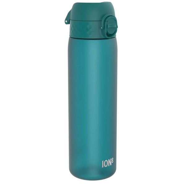 A teal water bottle stands upright against a white background. The bottle has a hinged, textured lid with a push-button closure. The brand "ION8" is visible near the base.