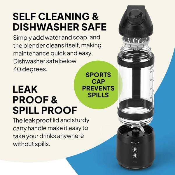 The Fridja Kitchen Trio f500 Portable Blender is shown with a sports cap, featuring self-cleaning, dishwasher-safe, leak and spill-proof design—ideal for easy maintenance and transport, just like your favorite cold-press juicer on the go.