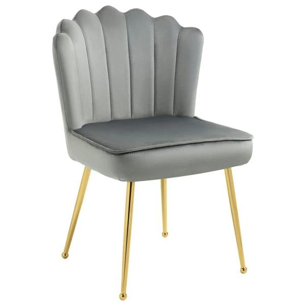 Grey velvet-feel shell accent chair with scalloped back, padded seat, and gold legs