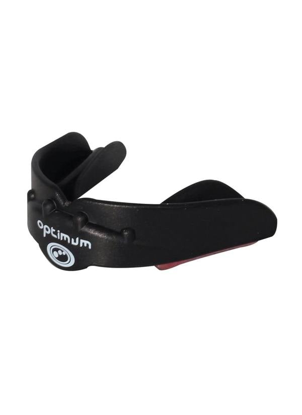 Black Optimum Matrix mouthguard with white logo beside clear branded storage case, on white - Optimum