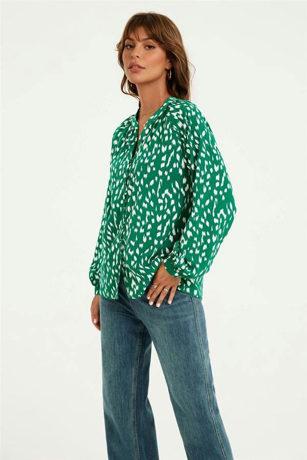 FS Collection Brushstroke Print long sleeve Blouse Top In Green