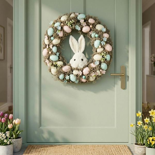 Garden Greatness Easter Wreath Pastel Eggs & White Rabbit