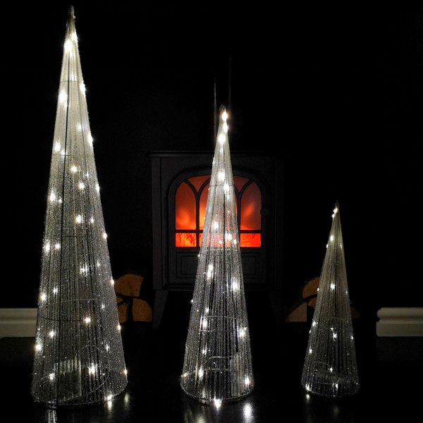 Samuel Alexander LED Tree Cone Obelisk Trio with 90 LEDs in Silver
