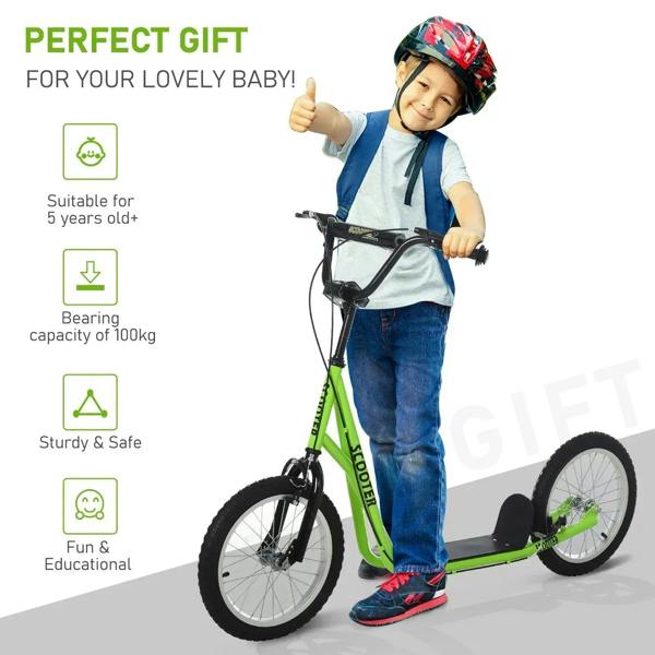 Green kids kick scooter with black deck pad and large front and rear tires