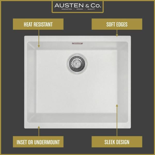 Austen & Co. Siena Inset & Undermount Large Single Bowl Reversible Granite Kitchen Sink With Strainer & Over Flow Kit - White