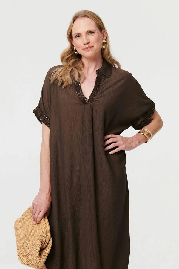 Brown | Sequin Trim V-Neck Relaxed Midi Dress