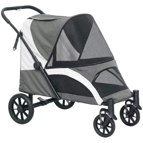 Foldable Pet Stroller for Large Dogs with 4 Big Wheels, Shock-Absorbing Frame, Safety Leashes, Brakes, Dark Grey