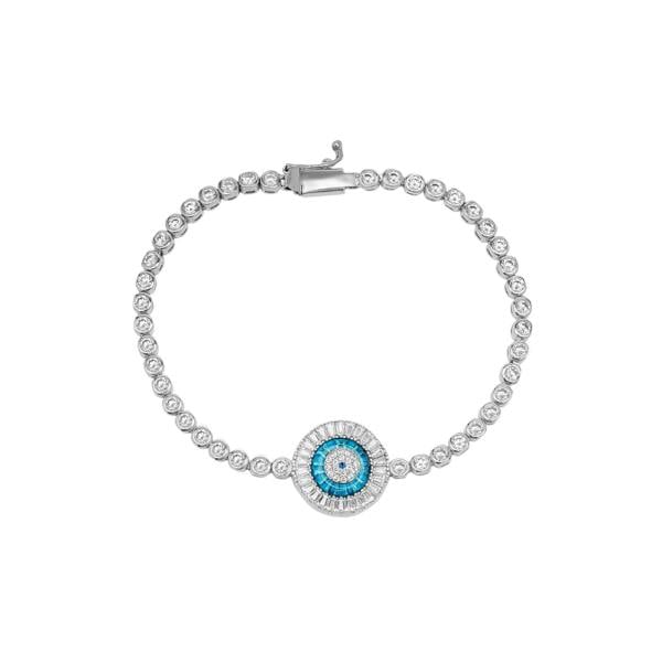 Spero London Round Bezel Evil Eye Sterling Silver Tennis Bracelet