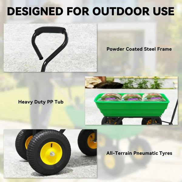 Green heavy-duty garden cart with deep tub, black frame, and four yellow wheels