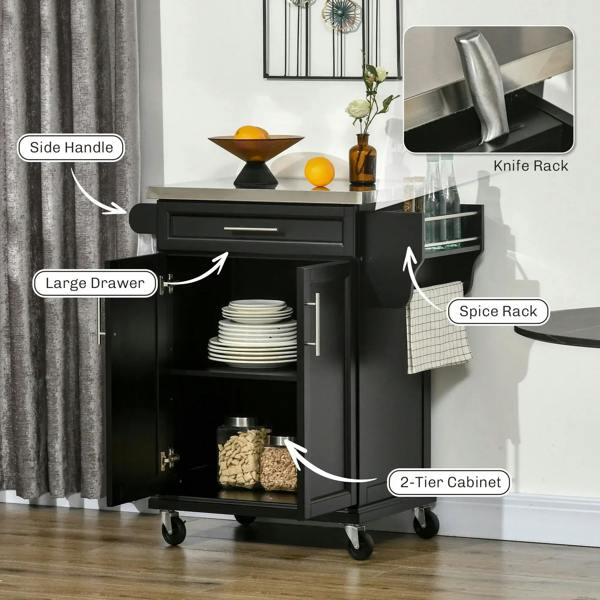 Black kitchen island serving cart with large drawer, side handle, spice rack, knife rack, wheels