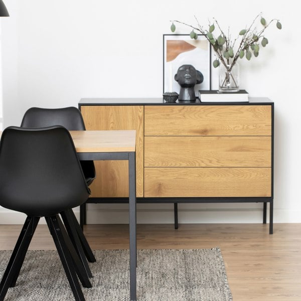 Furniture To Go Seaford 1 Door 3 Drawer Small Sideboard in Black & Oak