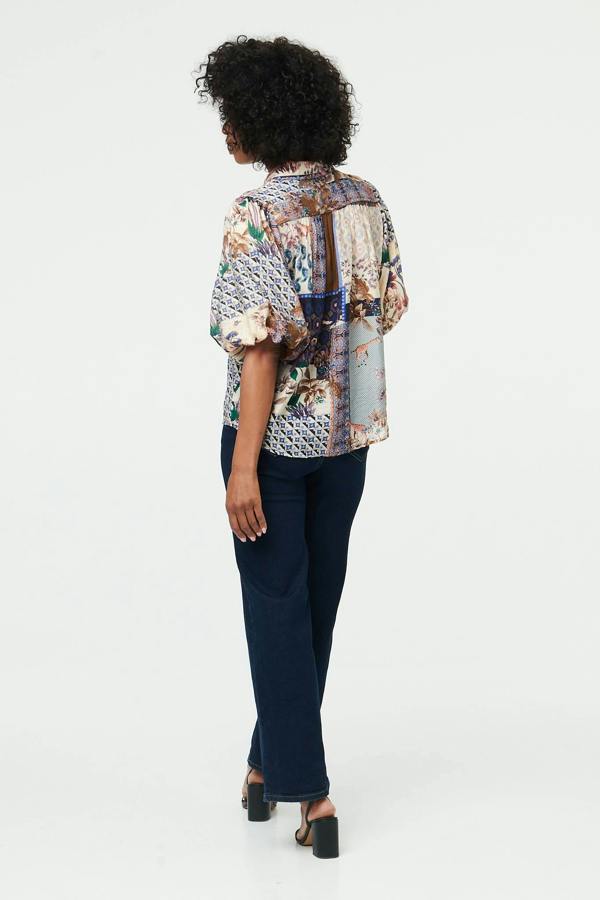Navy | Patchwork 1/2 Puff Sleeve Blouse