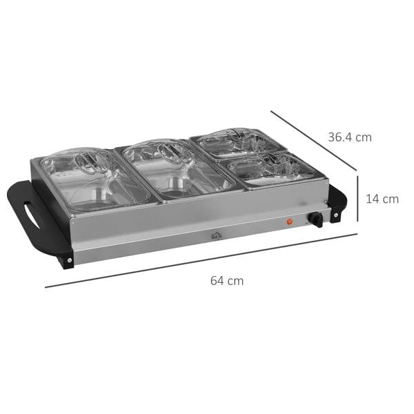 Silver 4-tray electric food warmer with clear pans and front temperature control knob