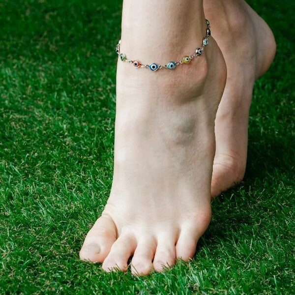 The Colourful Aura Silver Colourful Protection Greek Evil Eye Beaded Indian Nazaria Payal Anklet
