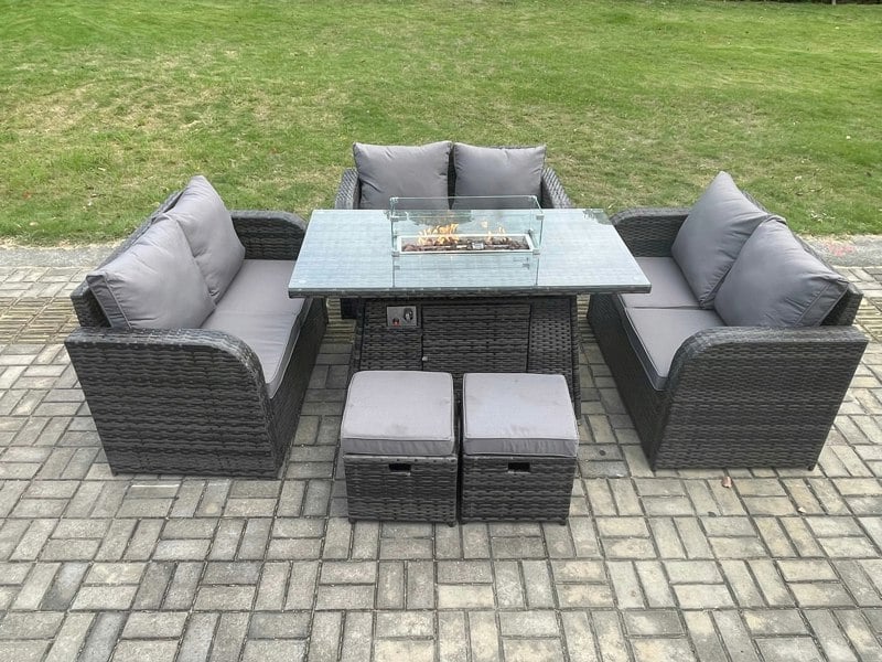 Fimous Rattan Outdoor Garden Furniture Set with Gas Fire Pit Table, 2 Small Footstools, 3 Love Sofas -  8 Seater - Dark Grey 