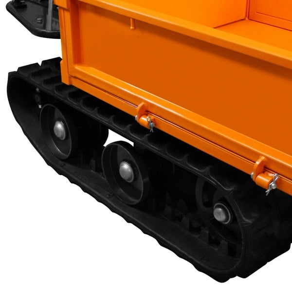 Tracked mini dumper petrol transporter with robust black tracks and bright orange body, designed for efficient material transport