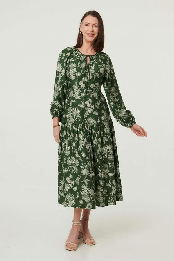 Green | Floral Long Sleeve Tie Neck Maxi Dress
