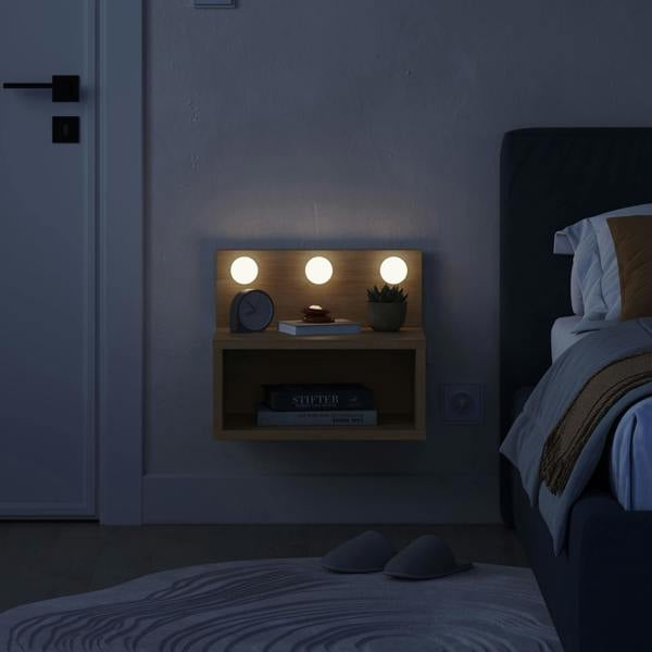 Decortie Floating Bedside Table with 3 LED Lights 30cm Modern Wall-mounted Open Shelf for Storage, Bedroom