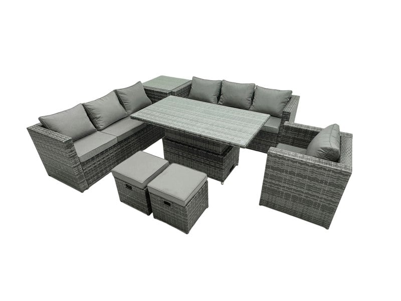 Fimous 9 Seater?Outdoor Rattan Sofa Set Adjustable Rising Lifting Side Tables Chairs Footstool Dark Grey Mixed