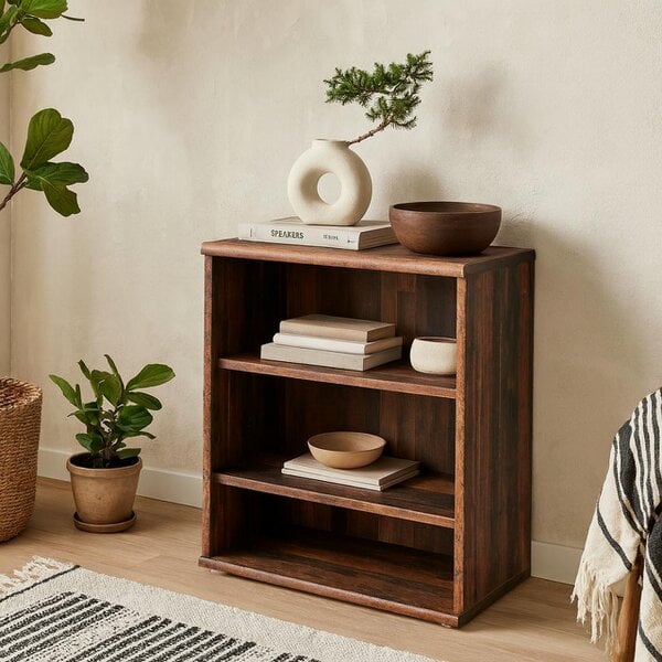 Wyld Haus Bucharest Low Wide 2 Shelf Vintage Oak Wooden Bookcase