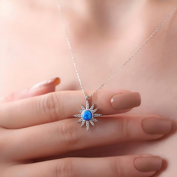 Spero London Blue Opal Sun Sterling Silver Necklace