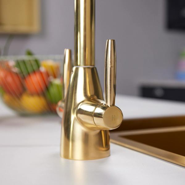 Flode Drammen | Dual Lever Kitchen Mixer | Polished Brass Finish