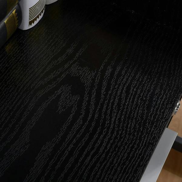 Black textured cabinet side panel with lock hardware and metal corner trim